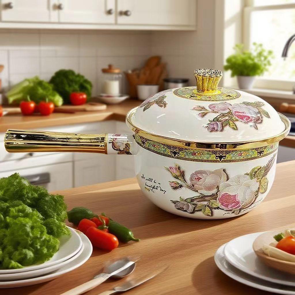 Universal Single-Handle Enamel Porcelain Pot for Milk, Soup, Noodles & Baby Food - Induction/Gas Compatible