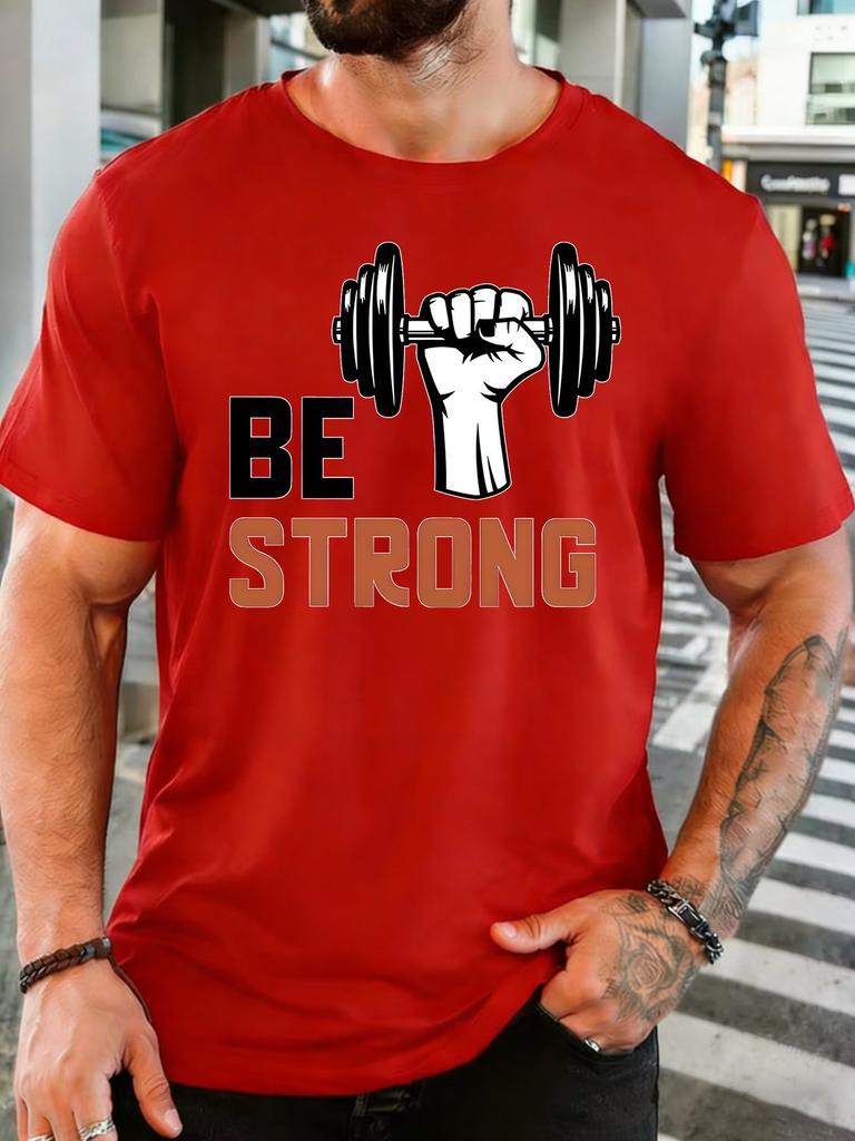 Unisex Cotton Crew Neck Tee Be Strong Dumbbell Hand Graphic Short Sleeve T Shirt Weightlifting Workout Fan Daily Sport Casual Top