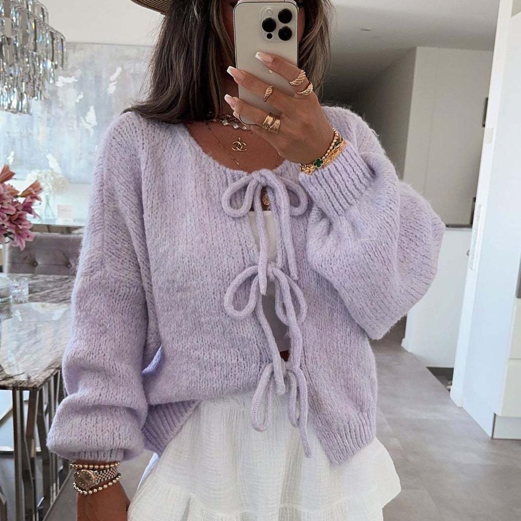 

Ретро длинный рукав однотонный пуловер топы женские осень зима O-образный вырез простые свитера вязаные элегантные женские кардиганы XL фиолетовый