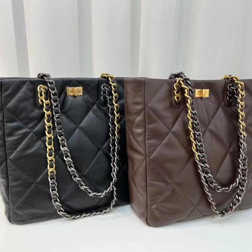 2023 Nová 22B Černozlatá Tote Bag Velká Kapacita Ovčí Kůže Kosočtvercový Řetízek Jednoramenná Podpažní Kožená Dámská Taška
