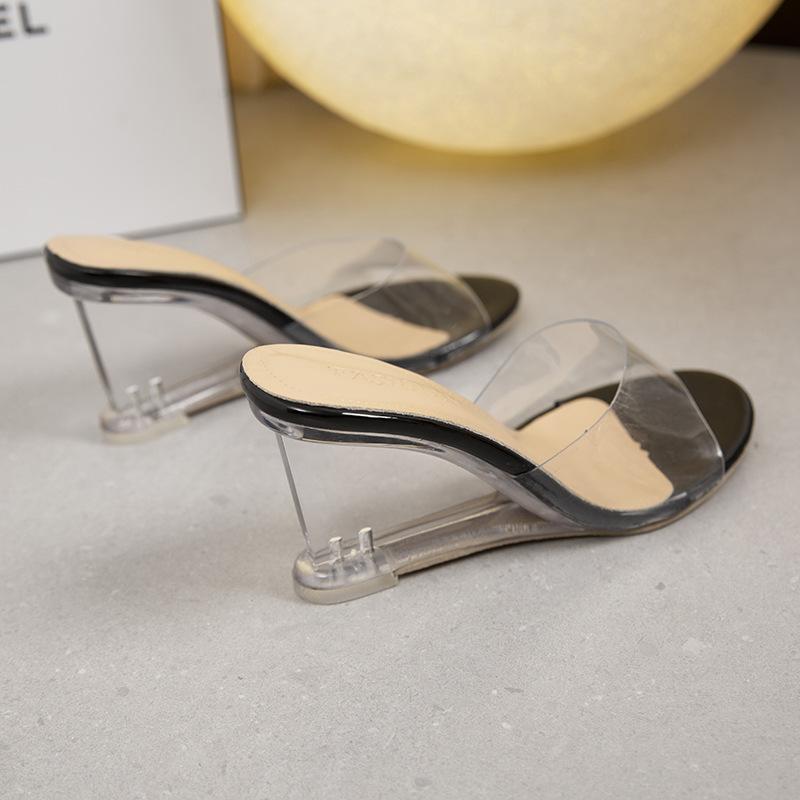 Summer new fashion high-heeled slippers women's transparent wedge shoes one-character outer wear fairy wind cool slippers tide
