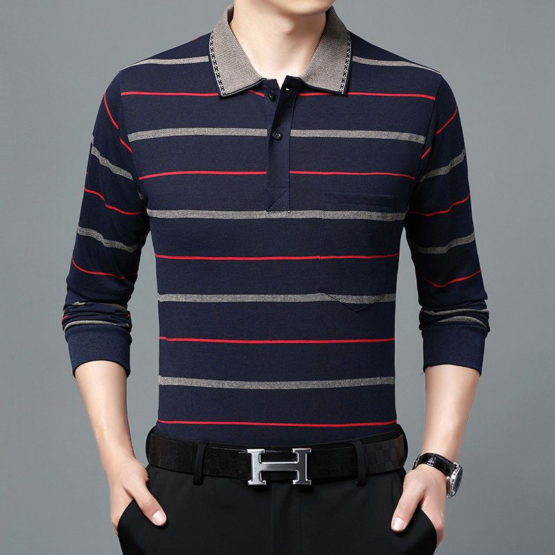 Moda Hombre Nuevo Negocios Camisas Polo Rayadas Coreano Primavera Otoño Casual Manga Larga Solapa Bolsillos Ropa Masculina Algodón Tops 2025
