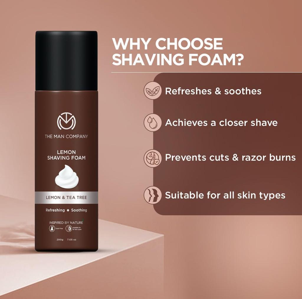 THE MAN COMPANY Spuma de ras pentru barbati cu aloe vera, lamaie si arbore de ceai, antiinflamator, hidrateaza pielea, previne taieturile si arsurile, 200g