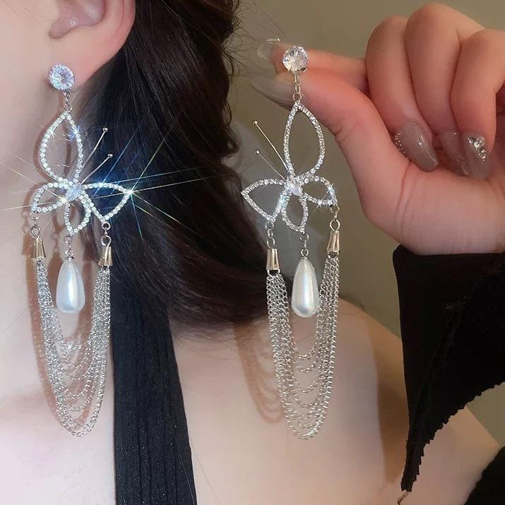 2025 Diamond Geometric Flower Tassel Earrings – Korean Cold Style, Light Luxury for Women