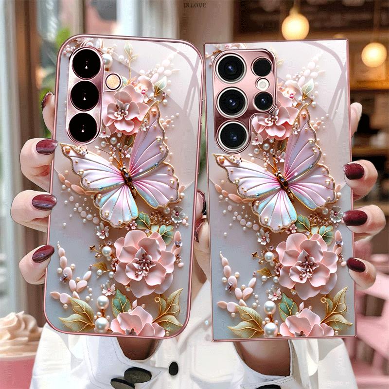 Pearl Flower Butterfly fashion phone cases mobile phones Glass phone case for Samsung Galaxy S26 S25 S24 S23 S22 FE Ultra Plus