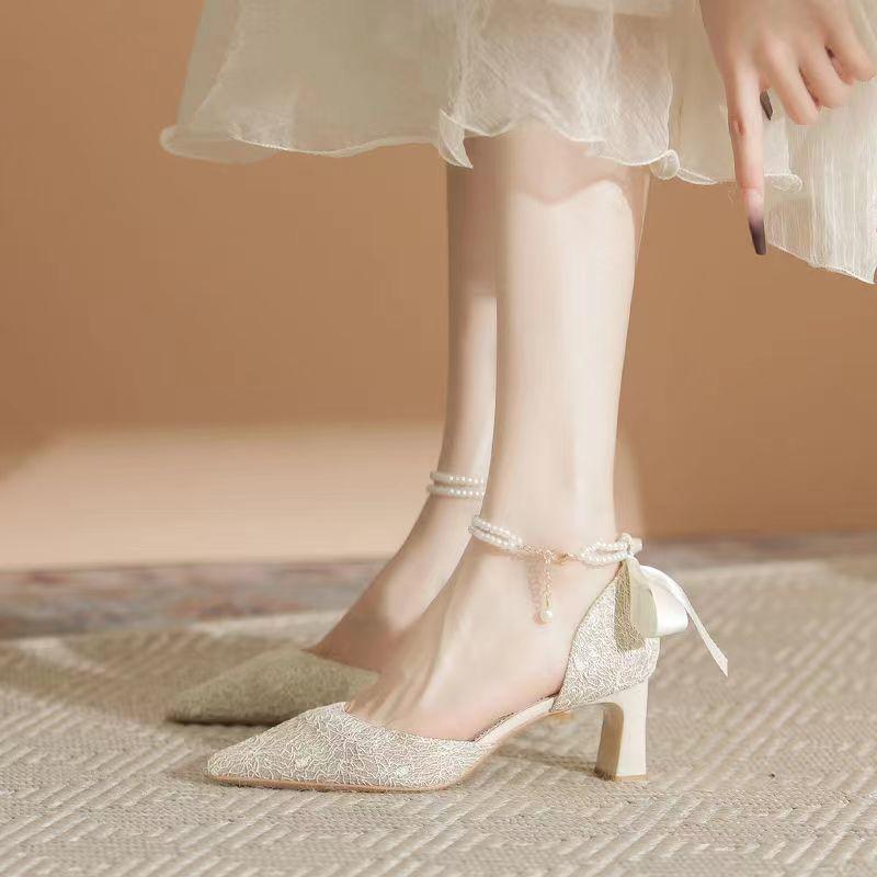 

One-word buckle high heels pointed thick heel not tired feet sandals 2025 new Internet celebrity sweet hollow women s shoes 35