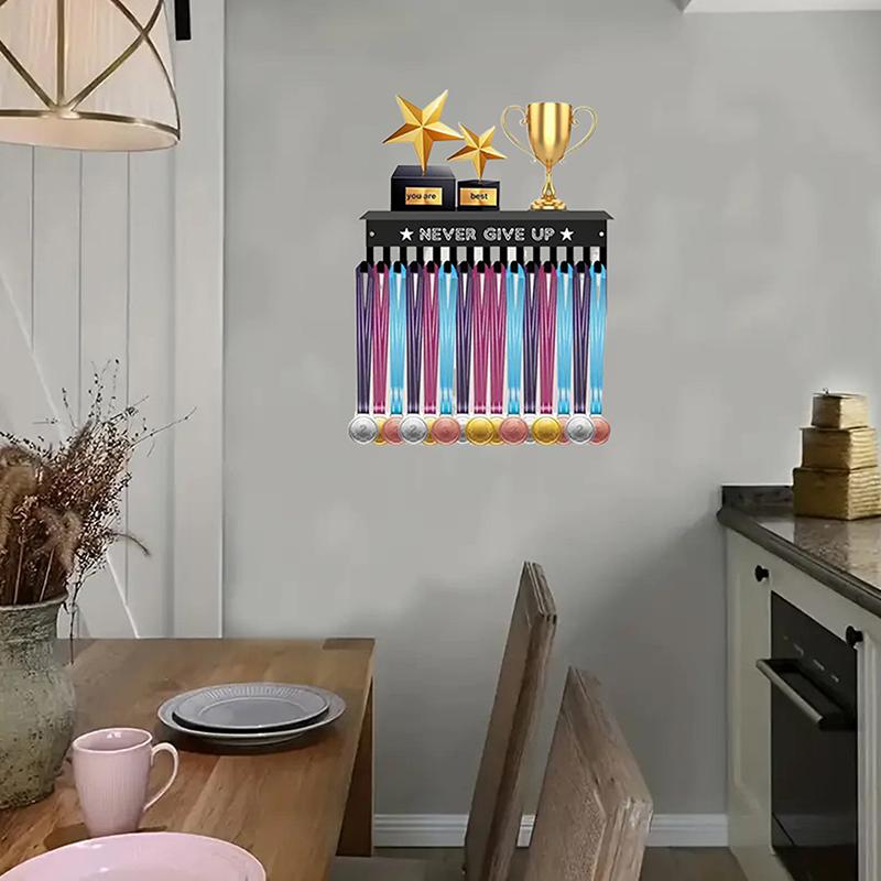 

Wall-Mounted Metal Medal Display Rack With Never Give Up Iron Trophy Storage Holder Key Hook Medal Hanger Home Office Decor A