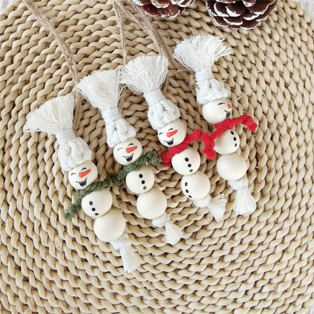 Bohemian Macrame Snowman Ornament Set, Handmade Wooden Bead Christmas Hanging Decor, 2/3/4Pcs Boho Winter Tree Decoration