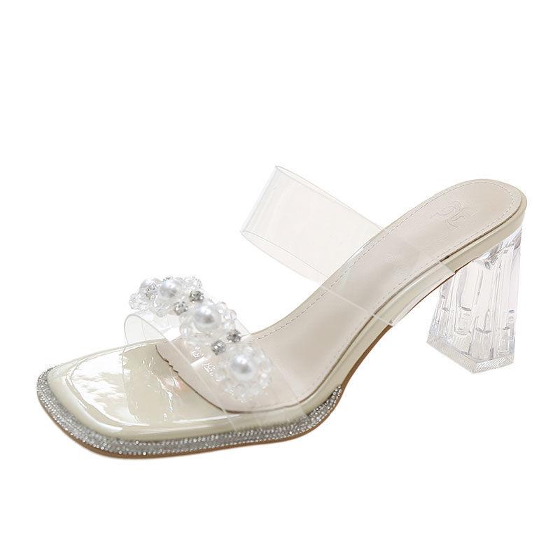 French rhinestone one-word cool slippers women's summer wear 2025 new pearl small fragrant transparent thick heel crystal sandals