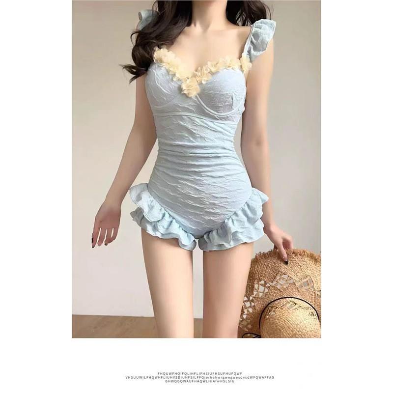 

Women s One-piece Swimsuit With Solid Color Sweet Slim Fit Sexy High Aesthetic Value Three-dimensional Flower Vacation M синий