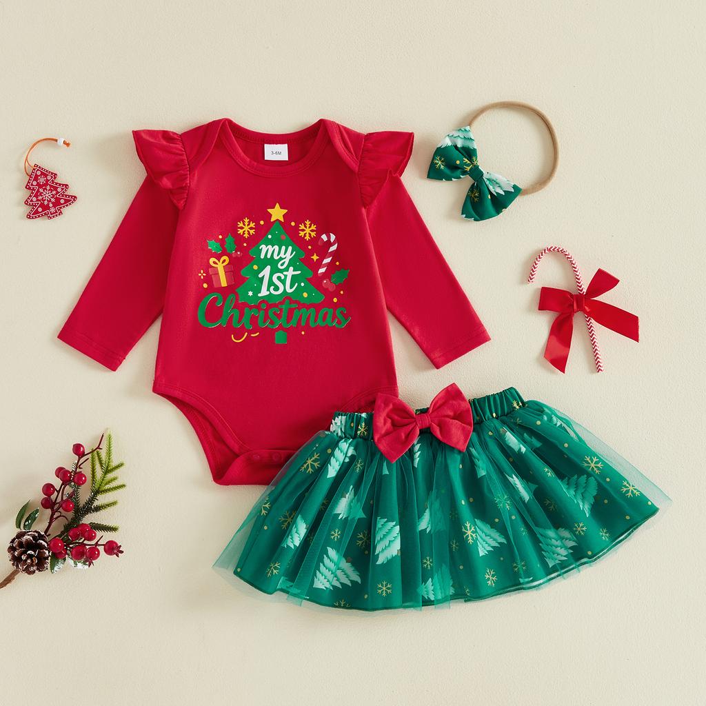 Citgeett Winter Christmas Infant Baby Girl Outfit Print Long Sleeve Romper Tulle Skirt Headband Fall Xmas Clothes