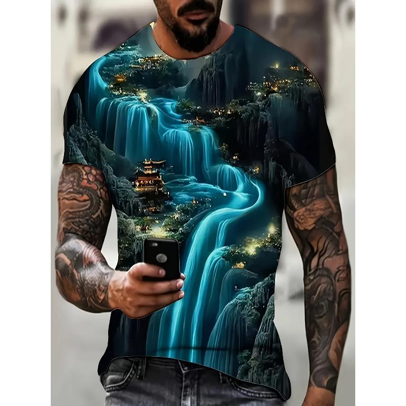 Men's Chinese Mountain Waterfall Pavilion Landscape 3D Print T Shirt Summer O Neck Short Sleeve Scenery Graphic Street Tee