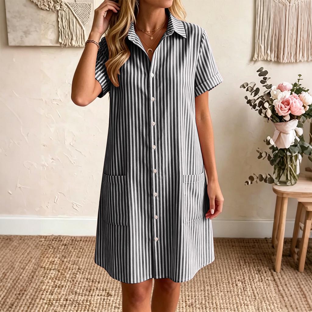 Women's Loose Fit Plus Size Striped Short Sleeve Shirt Dress Casual Mid Length Button Down Dress with Pockets Summer Style
