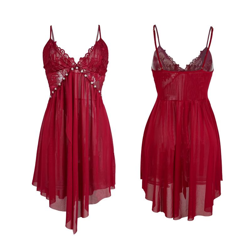 Sexy Lace Cami Nightgown Pearl Decor Sheer Mesh Multi-Color Women's Loungewear Options 892 Glamorous Feminine Sleepwear with Elegant Accents