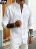 Men's White Linen Mandarin Collar Shirt - Long Sleeve Button Up Casual Breathable Summer Beach Vacation Loose Top