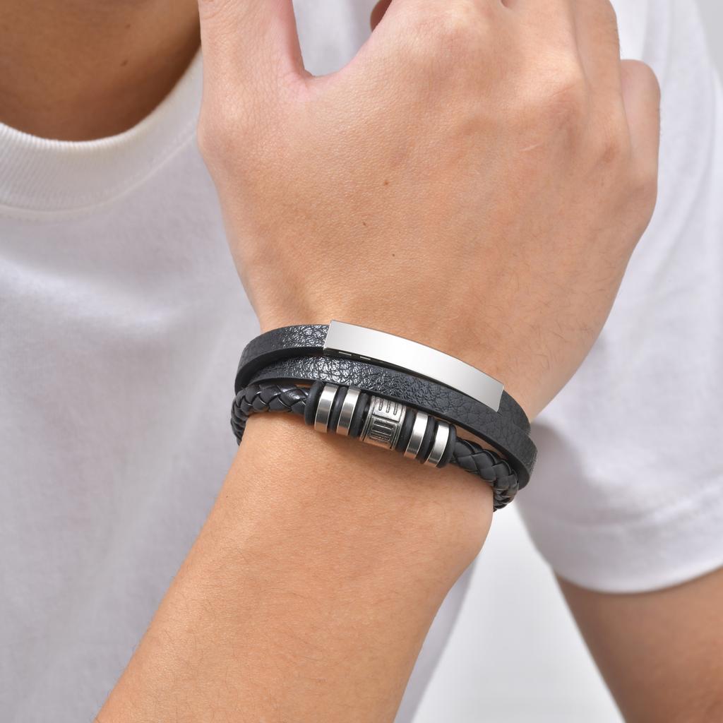 Black Multi Layers Leather Bracelet for Men,Metal Tube Charm Handmade Braided Rope Leather Bracelet,Gift for Husband Dad Son