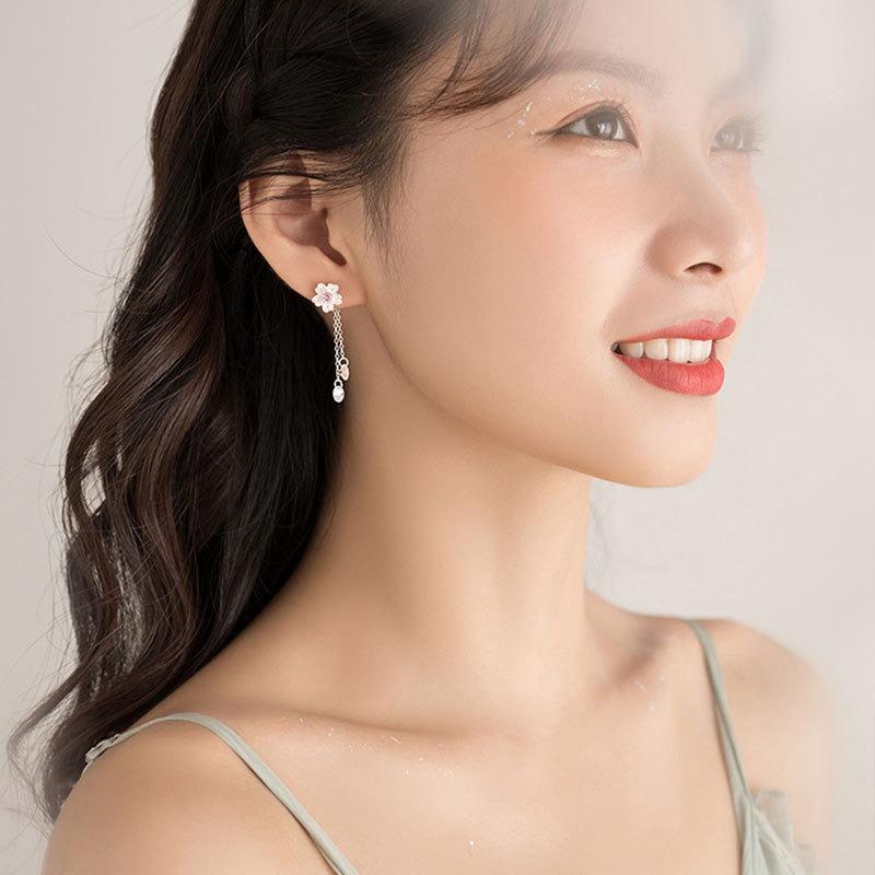Boucles d'oreilles Fleur de Cerisier Zirconium Rose Une Paire de Boucles d'oreilles Fleur Féerique Boucles d'oreilles Longues à Pampilles Boucles d'oreilles