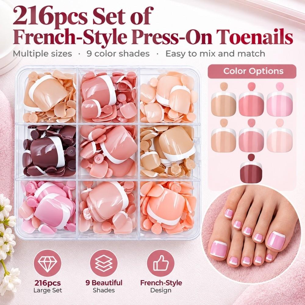 216pcs Glossy Finish Fake Feet Toenails Short Square Shape False Toenails Kit Party Wear