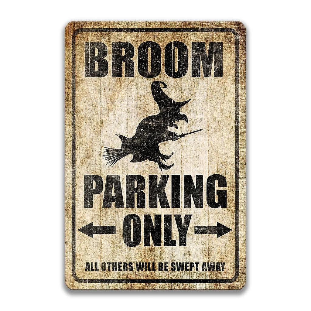 Tin Sign Halloween Broom Parking Witches Only Metal Tin Sign Wall Art Home Decor Kitchen Poster Cafe Pub Plaque 8x12 Inch
