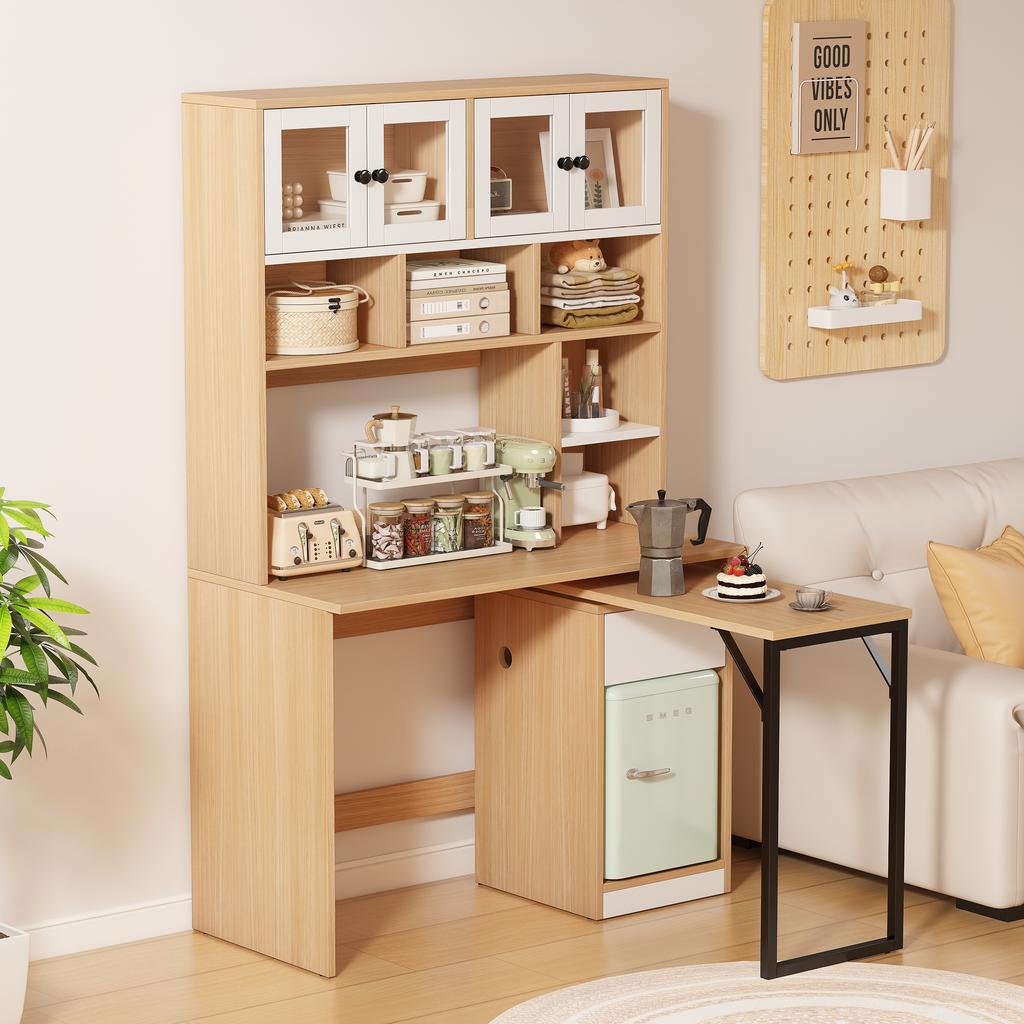 Computer Desk, Shelf Desk, Cabinet Desk Work Table, Cabinet Desk, White Natural 180cm
