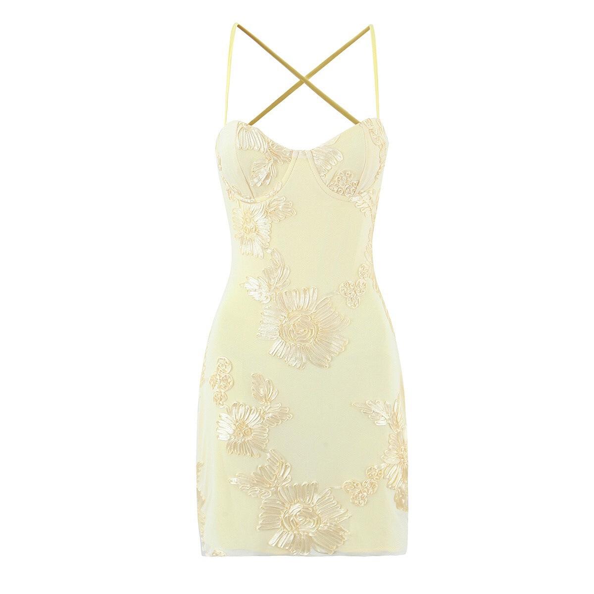 

Elegant Floral Embellished Bodycon Gown - Women s Luxury Evening Wear, Slimming French Style Short Skirt Medium світло-жовтого кольору