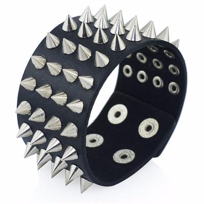 Unique Four Row Cuspidal Spikes Rivet Stud Wide Cuff Leather Punk Gothic Rock Bracelet Men Jewelry