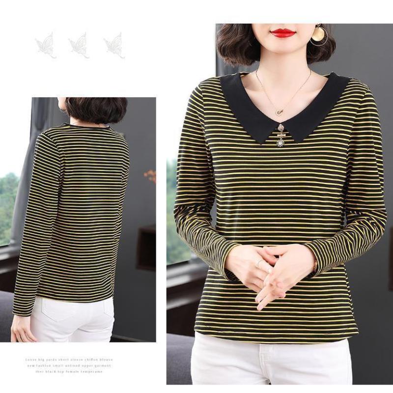 Jaro podzim nové pruhované tričko dámské s dlouhým rukávem korejská košile s volným límcem pro panenky, top M-5XL