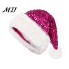 Cozy Holiday Costume Accessory Christmas Sparkly Sequins Santa Hat for Adults, Velvet Plush Glitter Bling Universal Fit Claus with Fluffy Pompom Xmas