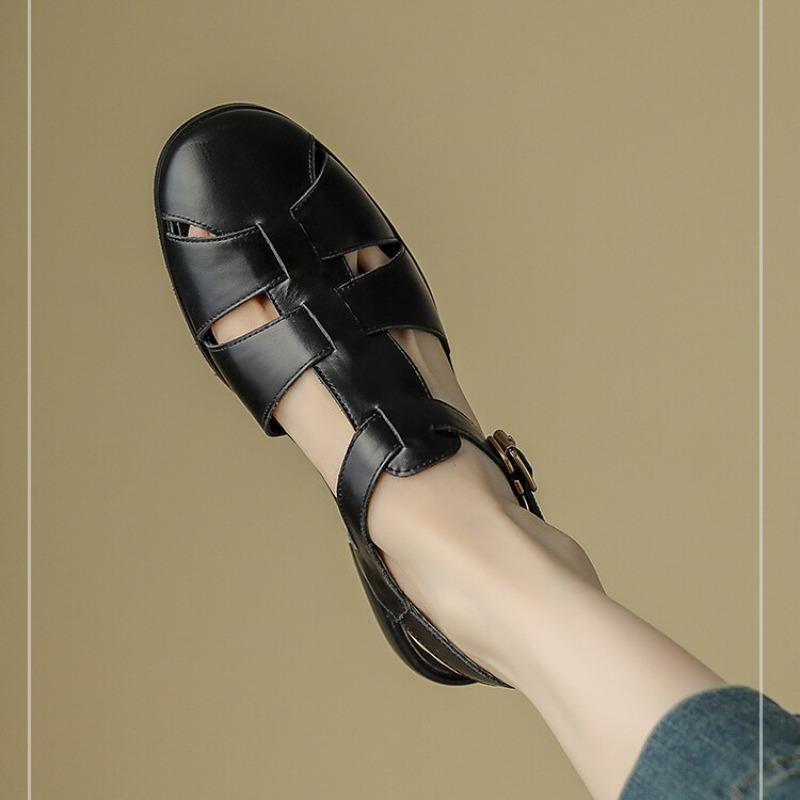 Versione in pelle di mucca~ Nuova borsa a testa intrecciata romana in pelle retrò estiva sandali vuoti scarpe singole da donna alla moda tendenza