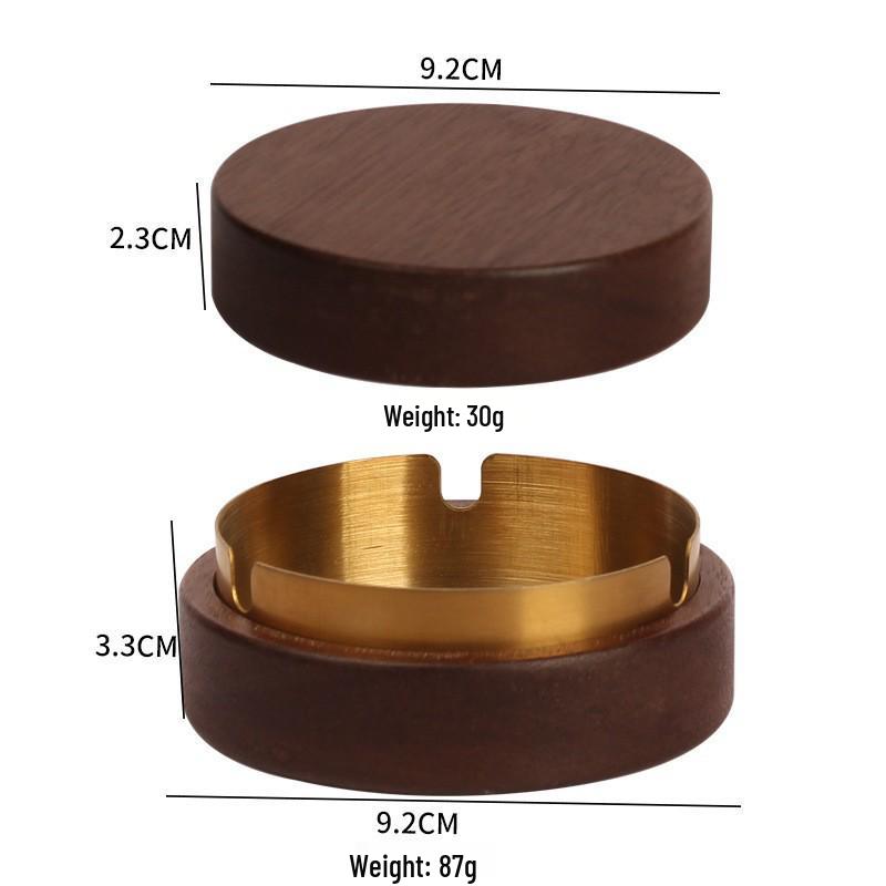 Gold-Stainless Steel Ashtray with Lid, Solid Wood Base – Anti-Ash Design for Home and Office, Ideal Gift.