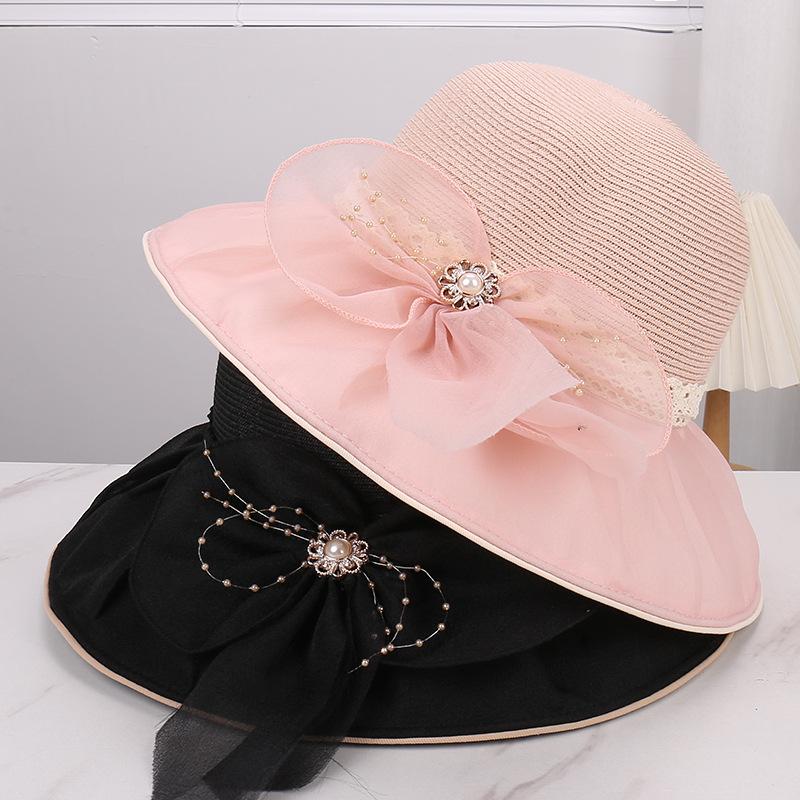 New French elegant mesh bow bucket hat women's summer face small sunscreen sun hat breathable casual versatile