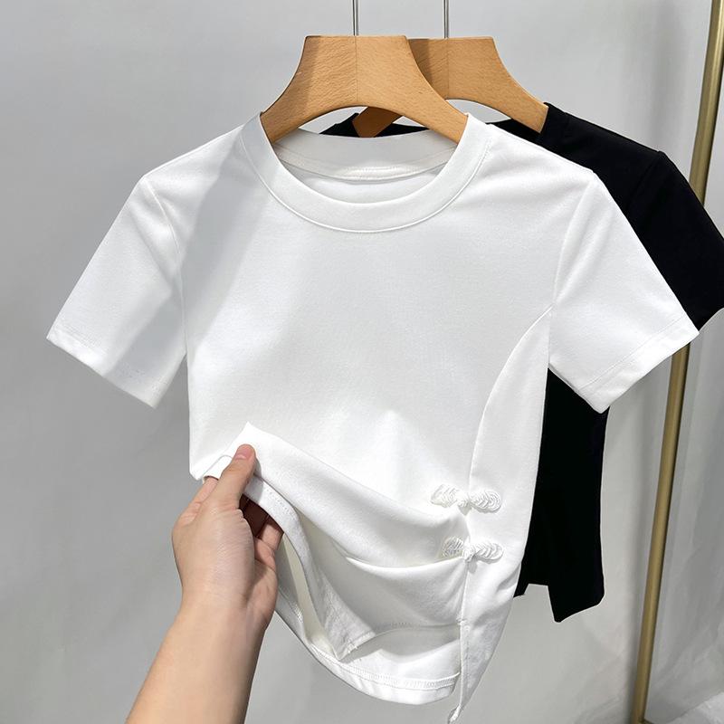 New Chinese Short-sleeved T-shirt for Women's New Women's Round Neck White Cotton T-shirt Chinese Style Buckle Slit Top