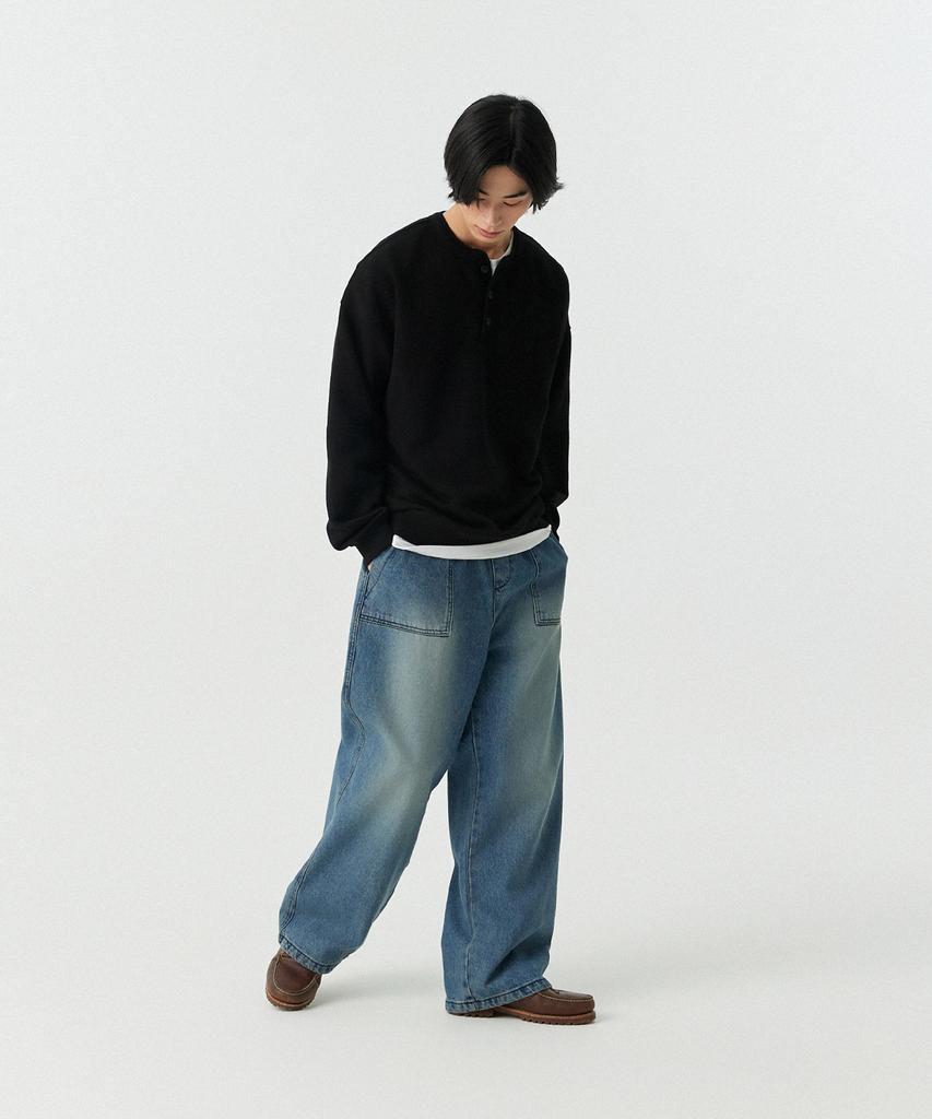STENDS [M~4Xl] Henley Neck Semi-Oversized Sweatshirt_Black