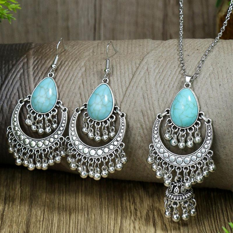 GemChic Women's New Classical Ethnic Alloy Hollow Bell Tassel Pendant Necklace Earrings Two Piece Set Birthday Christmas Jewelry Gift
