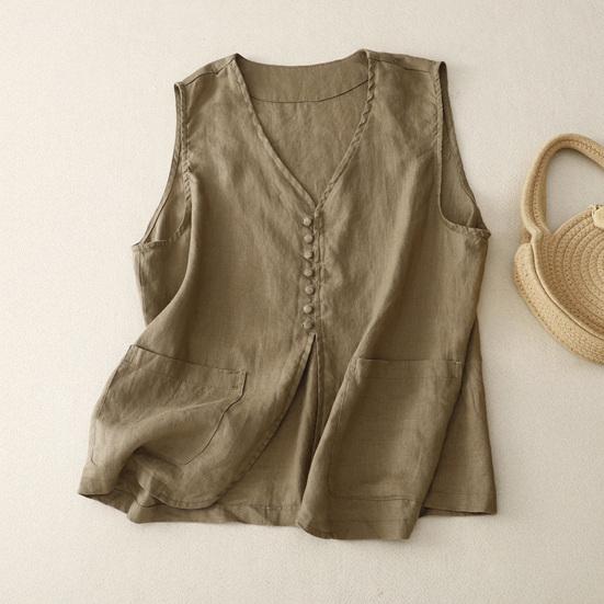 Cotton Linen Vest for Women Summer Sleeveless Cardigans Casual Buttons Short Jacket Waistcoat