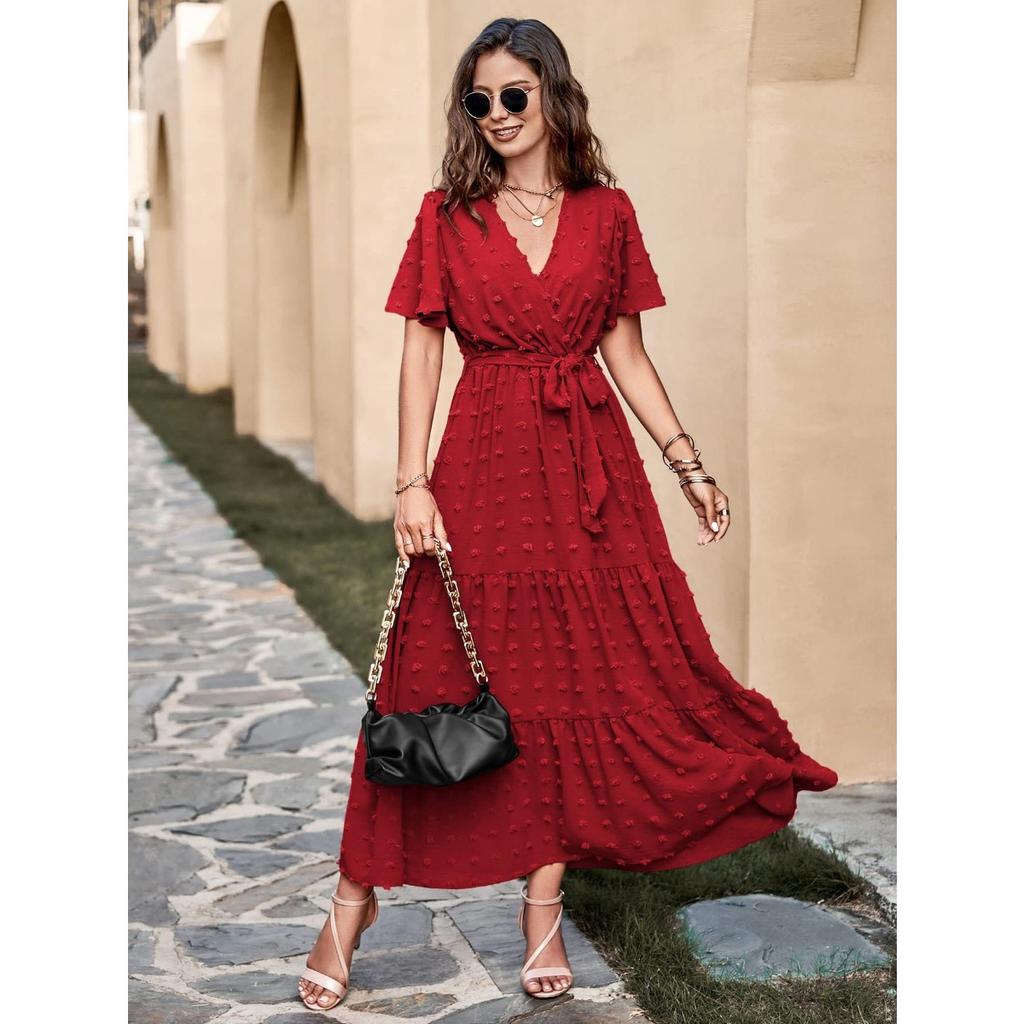 New Boho Swiss Dot Maxi Dress for Women, V Neck Flowy Short Sleeve Tie Waist A Line Long Dress