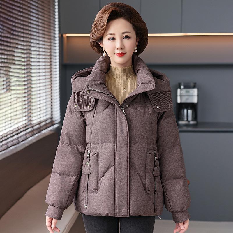 Stylish Hooded White Duck Down Jacket for Middle-Aged Women and Grandmothers