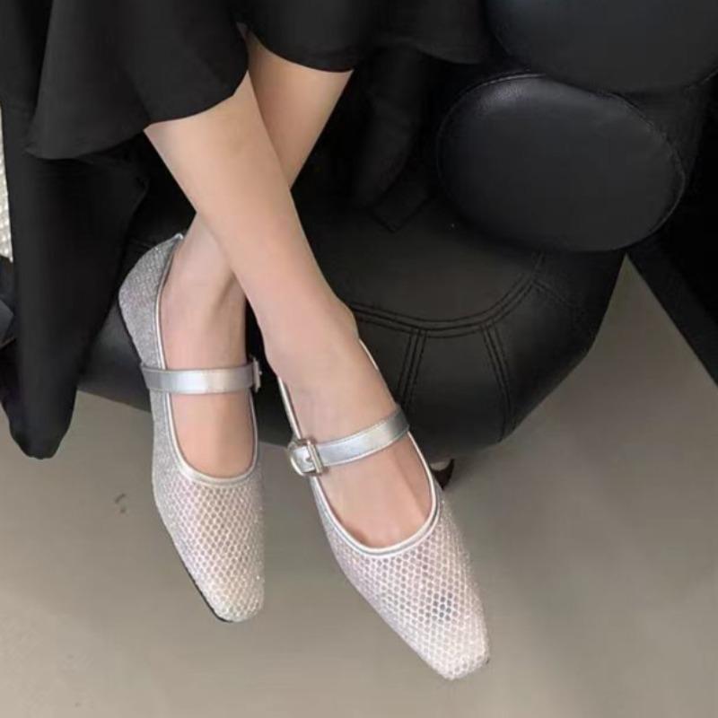 Fashion Summer New Style Flat Shoes for Women Square Head Shallow Mouth Mesh Cloth Soft Sole Anti-slip Wear-resistant Single Shoes