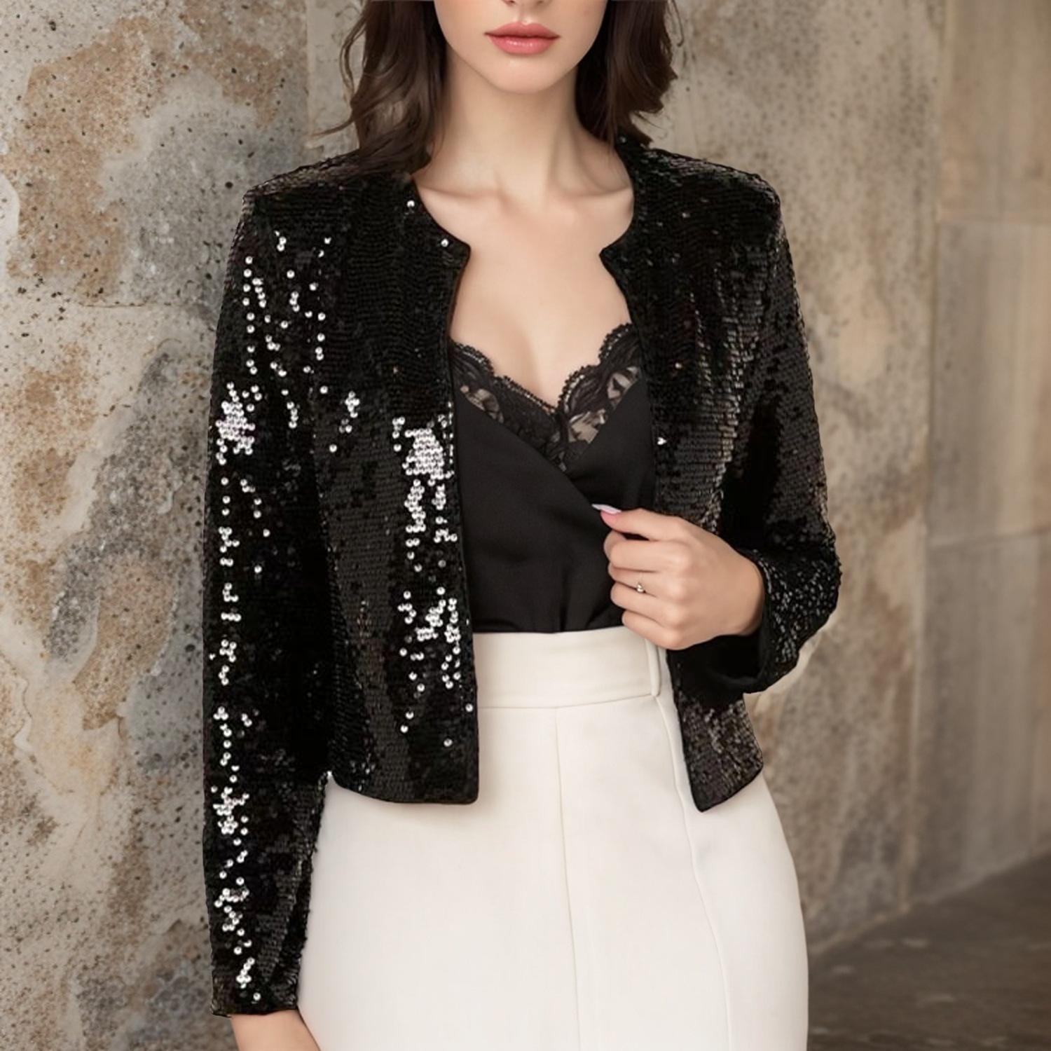 

Women s Multi-Color Sequin Round Neck Cropped Jacket L чёрный