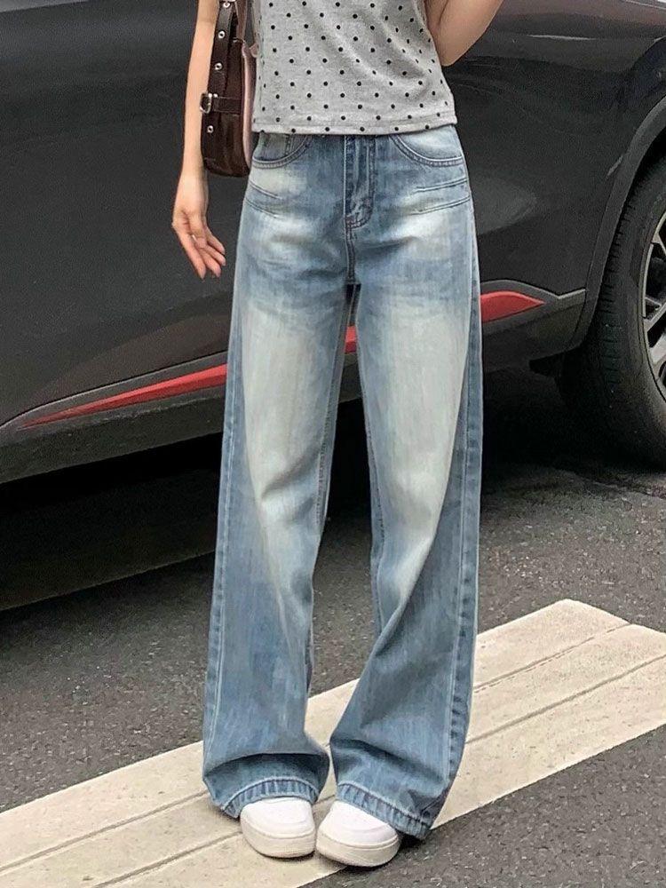 Comfortable Light Blue High Waist Straight Jeans Women Design Sense Embroidery Loose Skinny Drape Wide Leg Trousers Jeans for Women Long Denim Pants