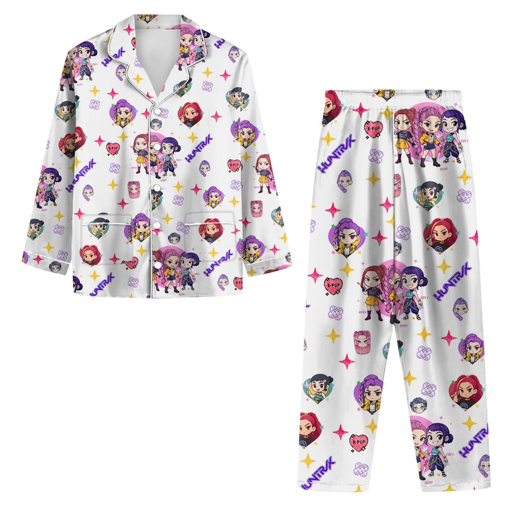 Women's 2 Piece Printed Suit Long Sleeve Button Up Top Wide Leg Pants Suit Set Pajamas Home Casual Suit