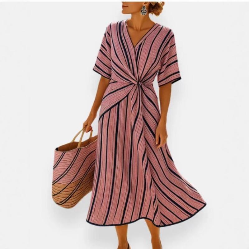 Women's Boho Contrast Trim Maxi Dress V Neck Short Sleeve Twist Waist Loose Elegant Summer Casual Office Vacation Long Dress