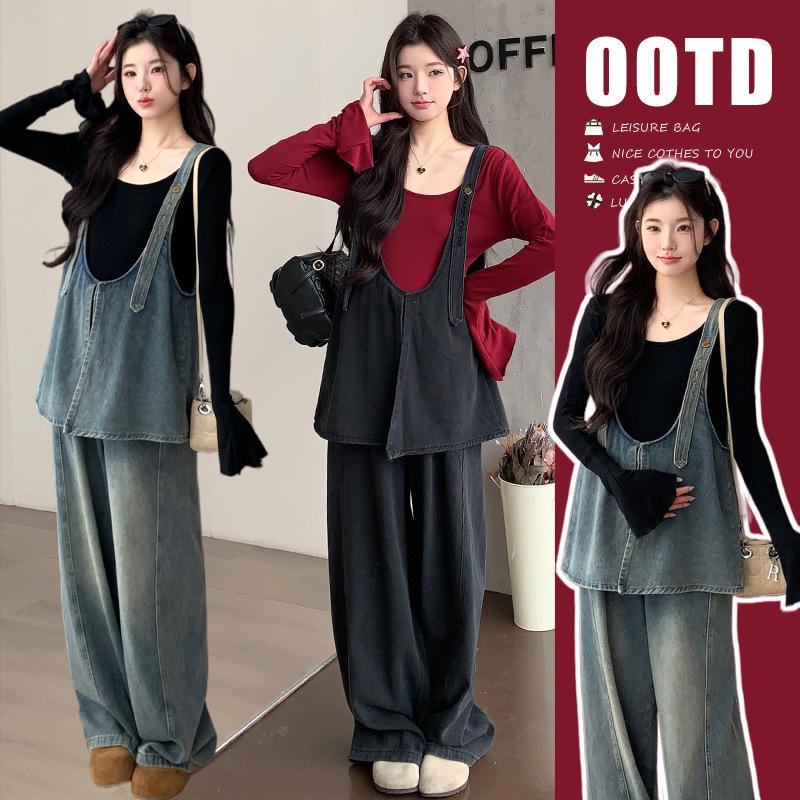 

Spring 2026 Slim Retro Denim Overalls with Knit Inner Layer Set M
