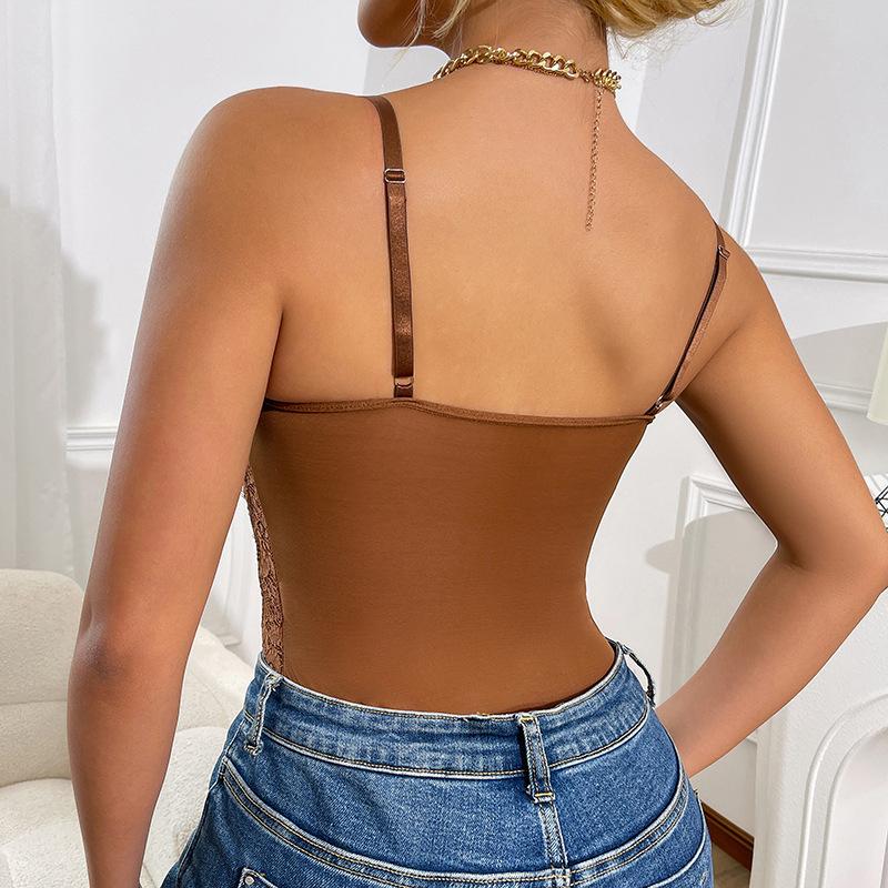 European & American Multi-Color Lace Patchwork Sexy Bodysuit - Slim Fit See-Through Suspender