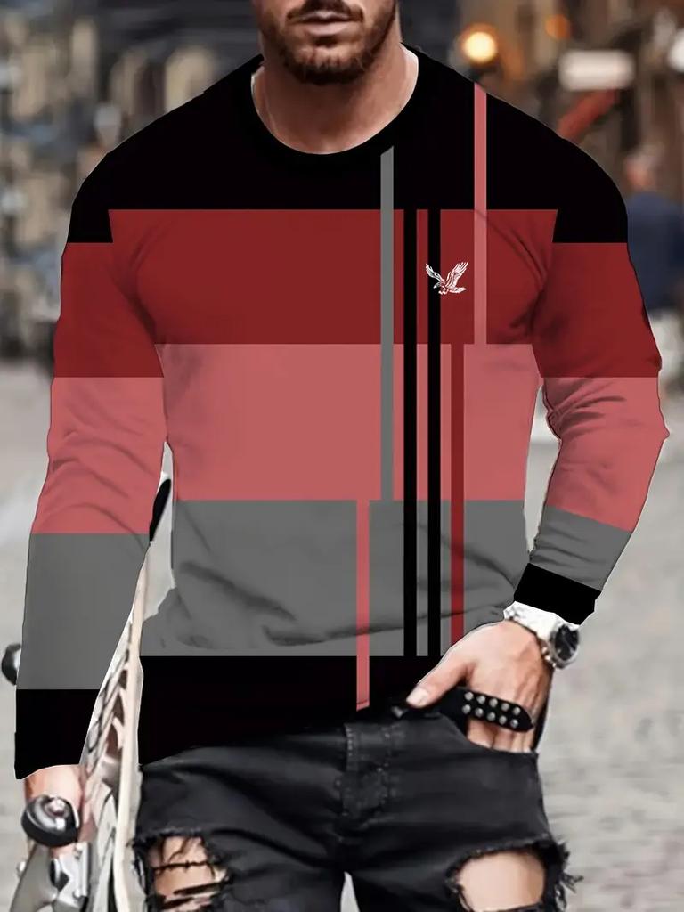 Lässiges 3D-Digitaldruck-Kontrastmuster Herren Langarm-T-Shirt für Frühling und Herbst Outdoor-Bekleidung, bequeme Polyesterfaser