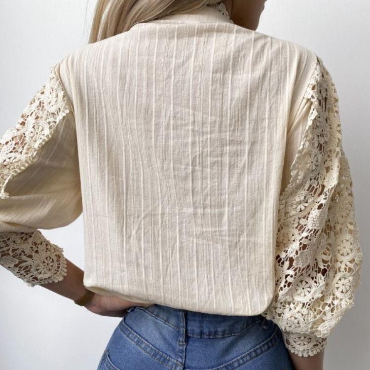 Spring and Autumn Women's Sexy Lace Shirt Standing Collar Women's Top French Court Style Blouse