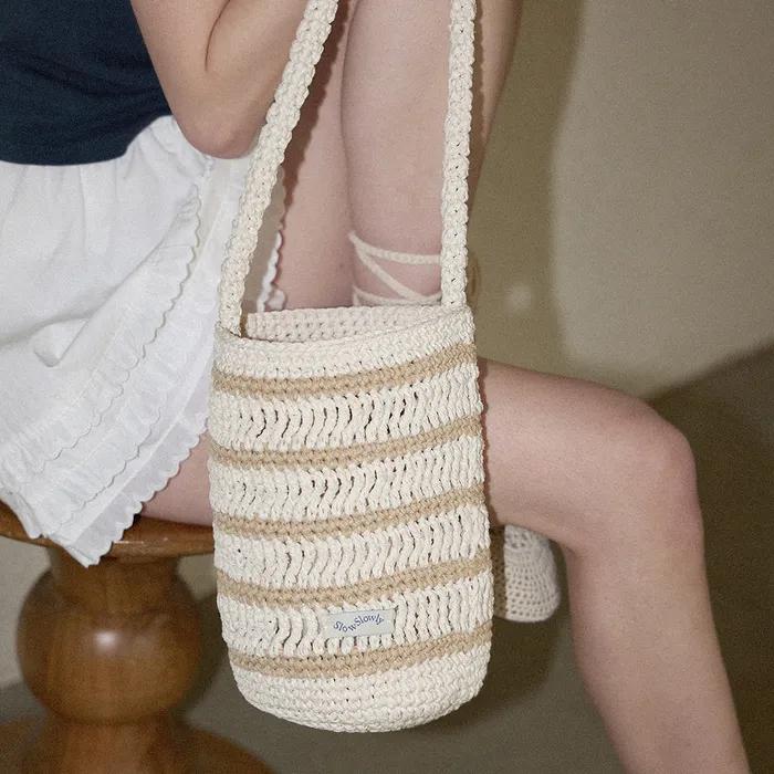 Moroccan Handmade Crochet Stripe Bucket Bag _ Cream