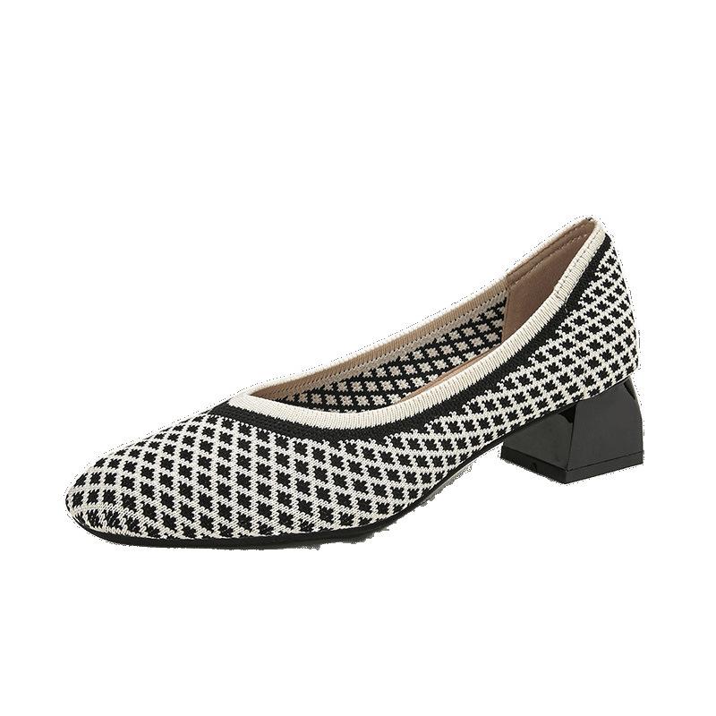 Frühling und Sommer Dicke Ferse Einzelne Schuhe Damen Quadratische Zehenpartie Flacher Ausschnitt Fliegendes Strickmuster Mittelhohe Ferse Temperament Strickmuster Damenschuhe Hohe Absätze