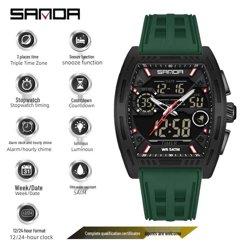 SANDA Men's Waterproof Luminous Sports Watch - Countdown & Multifunctional Barrel-Shaped Electronic Watch with Large Dial