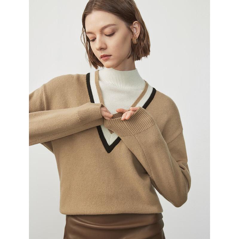 LANCY Women's Faux Two-Piece Wool Blend Stand-Collar Pullover Sweater